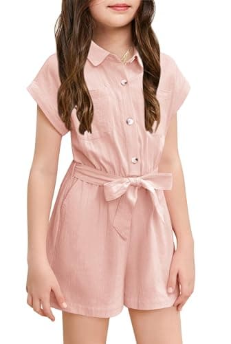 Image of Haloumoning Cute Jumpsuit for Girls Summer Children's Jumpsuit Button Down with Belt Kids Short Romper with Pockets, pink, 8-10 Years