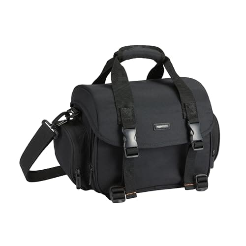 Image of Amazon Basics Shoulder Bag for SLR Camera and Accessories, Large, Adjustable Strap, Waterproof, Shockproof, Solid, Padded - Black/Orange
