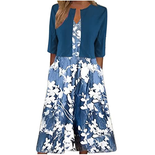 Image of Keepink Two Piece Dress Suits for Women UK Printed V-Neck Sun Dresses with Half Sleeve Cardigan Tops Set Elegant Summer Outfits Work Office Wedding Guest Bridesmaid Dresses UK 8-16
