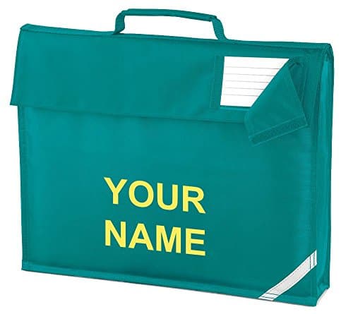 Image of Kids Childrens School Library Reading Book Project Bag With Name Printed On by Workwear World (Emerald with Yellow Print)