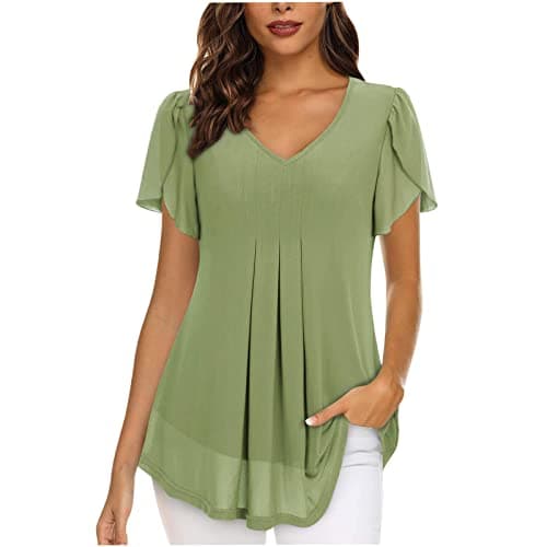 Image of AMhomely Chiffon Tops for Women UK Elegant Blouses Casual V Neckline Tunics Tops Slit Short Sleeve Blouse T Shirts Solid Colour Shirts Pleated Longline Blouses with Lining, 01 Green, XXL