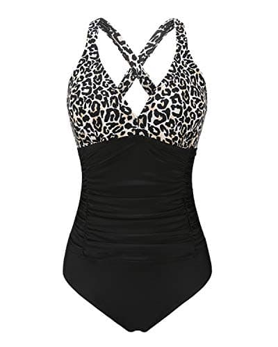 Image of FLYRONG Swimming Costume for Women V Neck One Piece Tummy Control Swimsuits for Women Swimwear (Print-Leopard, X-Large)