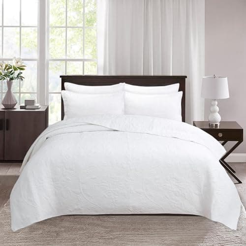 Image of USTIDE Luxury Hotel Style Quilted Coverlet Set - King Size 3pc Embroidered Floral Bedspread 100% Cotton Reversible Design Bedding White, 230x250cm