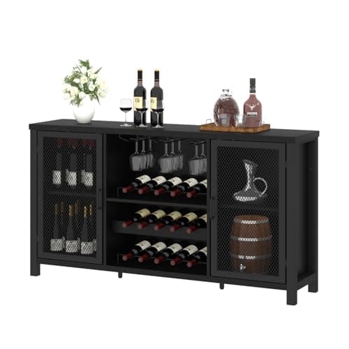 Image of IBF Black Coffee Bar Cabinet, Industrial Kitchen Sideboard, Wine Cabinet with Wine Rack Storage, Buffet Cabinets for Drinks, Farmhouse Liquor Cabinet for Home Living Dining Room, Black Oak, 140 CM