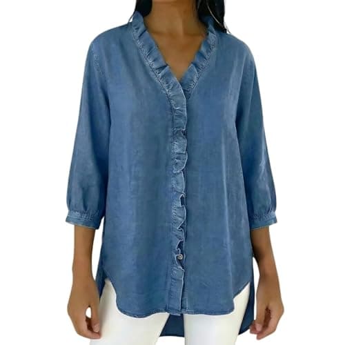 Image of Denim Shirt Women Trendy Ruffle Trim Button Down V Neck Jean Tops 3/4 Sleeves Lightweight Chambray Shirts Smart Casual Blouses Cowboy Western Tops Office Work Irregular Hem Tunic Tops,Light Blue,L