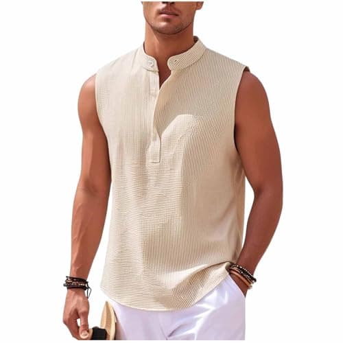 Image of QIANCOME Vests for Men UK Mens Summer Tank Tops Button Plus Size Sleeveless Tees Casual Loose Texture Vest Solid Outdoor Leisure Gilets Business Office Workwear Athletic Golf Vacation A Khaki XL