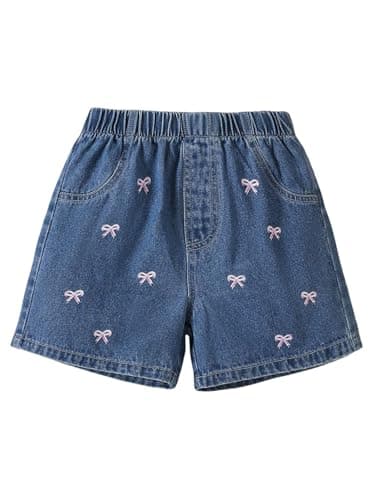 Image of GORGLITTER Girl's Summer Denim Mini Shorts Bow Print Elastic Waist Straight Leg Cute Jeans Shorts Age 8-12 Years Medium Wash 12Y