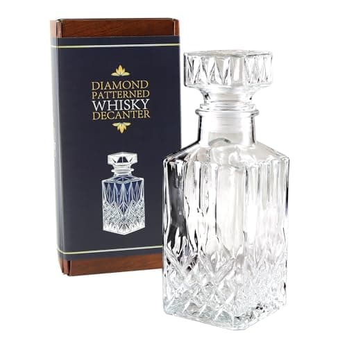 Image of Kimm & Miller Classic Glass Whiskey Decanter with Stopper (900ml) - Diamond Pattern Cut Glass Style Finish - Luxury Whiskey Gift Sets for Men & Women