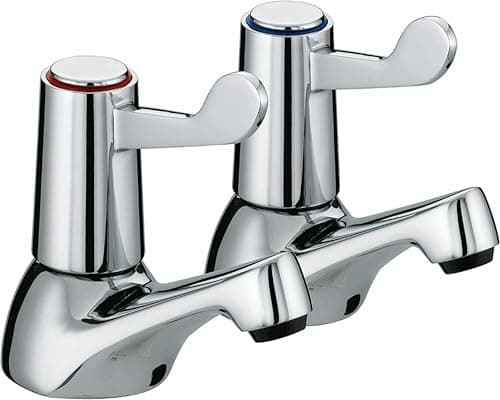 Image of Pair of Bathroom Basin Sink Taps – Chrome Brass Pillar with Ceramic Lever, Hot & Cold Water Mixer, Modern Deck Mounted Basin Faucet for Bathroom or Kitchen Wash Basin