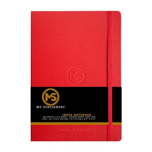 Image of A4 Index Notebook Hardback Leatherette Cover 8mm Ruled Margin A-Z Tabs 212 Pages 100 GSM White Paper – 21 X 29 CM Notebook (Red)