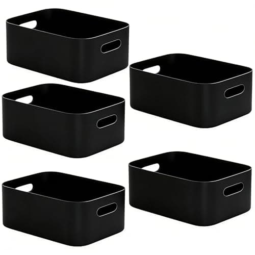 Image of W&H 5 PCS Plastic Storage Baskets, Medium Cupboard Storage Boxes with Handle, Rectangular Home & Kitchen Organiser, Plastic Baskets for Shelves, Bathroom, Kitchen and Office - 25×17×10cm (Black)