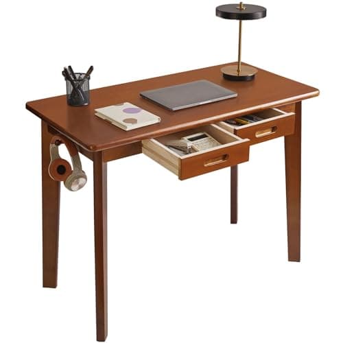 Image of Aibiju Solid Wood Desk, Writing Desk, Small Office Table with drawers, 39x20x30inch Computer Desk with storage and Hanging Rod for Home Office, Rustic Brown YD-WD01H