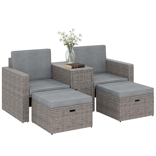 Image of Outsunny 5 Piece Rattan Garden Furniture Set, Nesting Outdoor Furniture Conversation Set with 2 Footstools, WPC Storage Coffee Table, Cushions, Wicker Garden Sofa for Conservatory, Terrace, Dark Grey