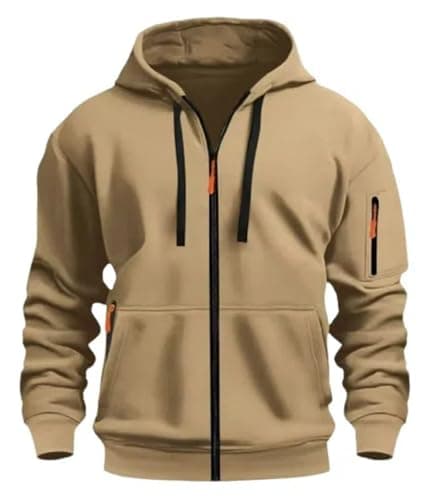 Image of MakingDa Men's Zipped Hoodie Pullover Pockets Long Sleeve Zip-Up Cuffed Shirts Hoody Fleece Solid Regular Fit Casual Hooded Sweatshirt Tops Khaki L