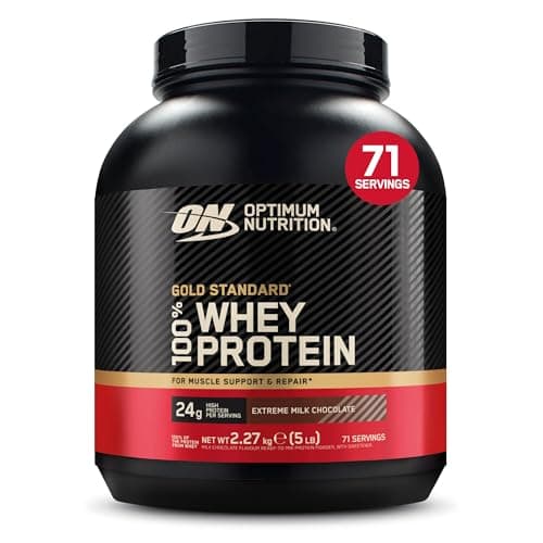 Image of Optimum Nutrition Gold Standard Whey Muscle Building and Recovery Protein Powder With Naturally Occurring Glutamine and Amino Acids, Extreme Milk Chocolate, 71 Servings, 2.27kg, Packaging May Vary