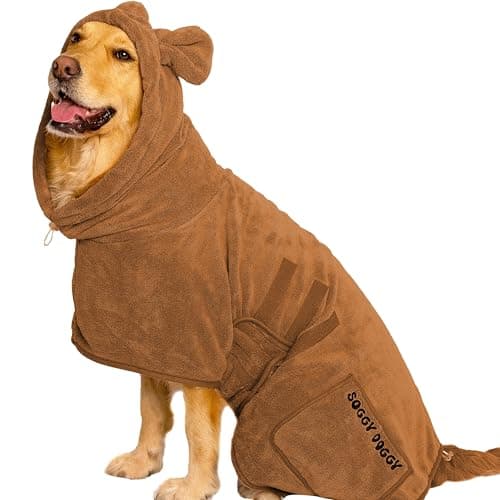 Image of SOGGYDOGGY® UK: Luxury Dog Drying Coat, Super Absorbent Microfibre Dog Drying Robe With Hood, Fast Dry In Minutes, Thick & Soft Robe - Bath, Groom & Travel, Covers Ears, All-Season Dressing Gown (S)