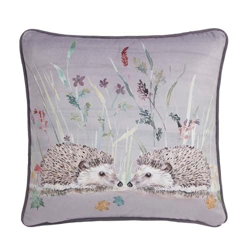 Image of Dreams & Drapes - Grey Hedgehog Cushion (43 x 43cm) - Filling Included - Piped Edge - Reversible Design - Grey Flannelette/Check - Woodland Floral Cushion Cover