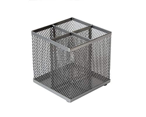 Image of OSCO Silver Wiremesh Square Pen Pot, 4 Sections Pencil Holder, Desk Tidy Office Organiser, Makeup Brush Holder Cosmetics Display, Metal Mesh Organiser, H10.5 x W10 x D10 cm, Single, Silver