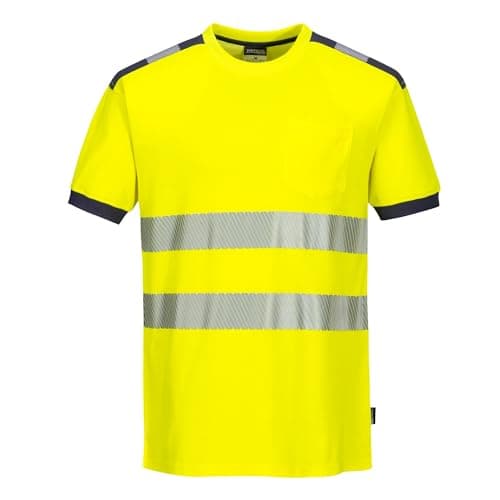 Image of Portwest PW3 T181 Mens Hi-Vis Cotton Comfort T Shirt Short Sleeve Breathable Reflective Tape Safety Workwear Crew Neck Construction Rail Warehouse High Visibility Top, Yellow/Black, XL