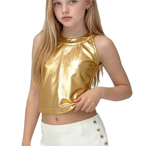 Image of Gold Girls' Performance Vest Metallic Sleeveless Dance Blouses Crew Neck Crop Tank Top - Ruffle Shiny Dance Costume for Club Recital Party Stage Show Festival Outfits 11 Years