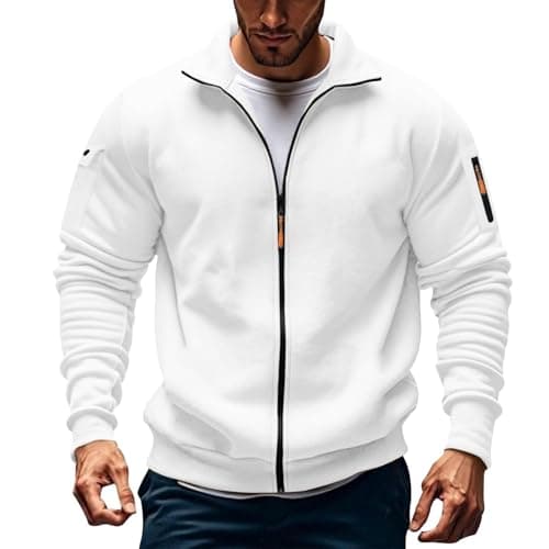 Image of Zip Through Hoodie Mens Mens Fleece Jackets Full Zip Long Sleeve Solid Color Military Tactical Cargo Sweatshirts Stand Collar Stretchy Sportwears Windbeaker Coat with no Hood White