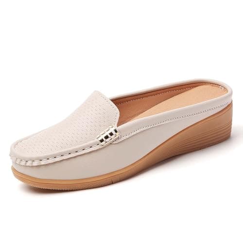 Image of Women's Slip-On Leather Mules, Mules Shoes for Women Slip-on Soft Genuine Leather Clogs Slipper Moccasins Ladies Backless Loafers