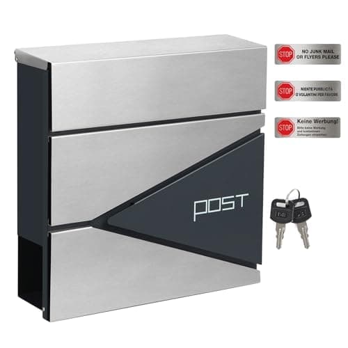 Image of SONGMICS - GMB51AS - Wall Mounted Post Box with Newspaper Holder, Keys, Easy to Install, Modern Design, Charcoal Grey and Silver