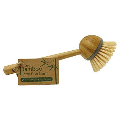 Image of JVL Round Bamboo Long Handle Washing Up Dish Brush, Natural