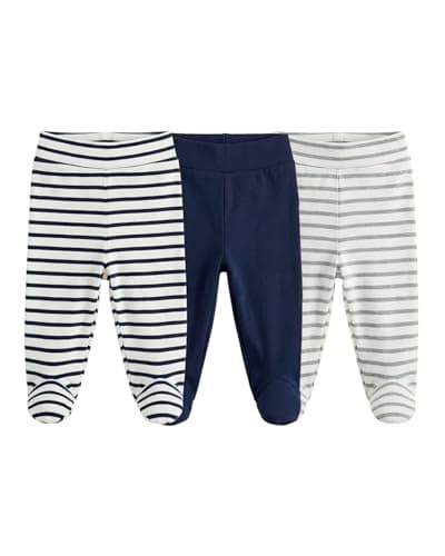 Image of JiAmy 3PCS Newborn Baby Boys Girls Trousers with Feet Cotton High Waist Footed Pants Navy Blue Pants 0-3 Months
