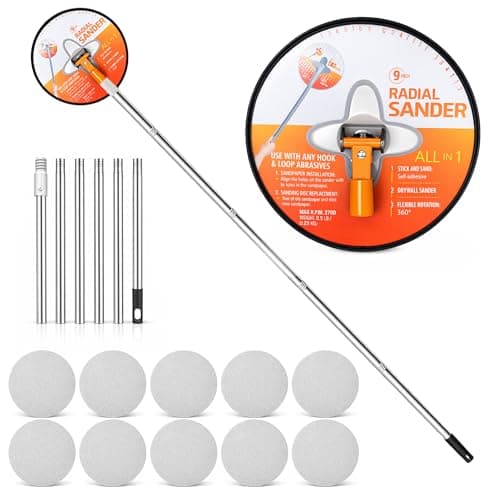 Image of Drywall Pole Sander with Extension Pole: 9 Inch Drywall Sander with 10Pcs Sanding Sheets (80/100/120/180/240Grit) Aluminum Alloy 360° Rotation Radial Sanders for Painted Walls Ceilings