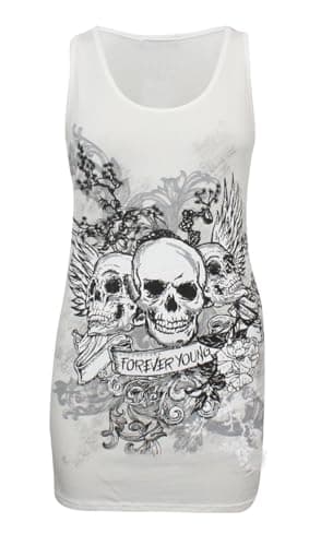 Image of WearAll Womens Skull Forever Young Print Racer Back Sleeveless Ladies Vest Top - White - 12-14