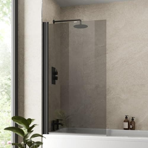 Image of Luxura® 800 x 1400mm Black Tinted Over Bath Shower Screen Folding Hinged Door Glass Panels & Screens for Baths, Bathroom Frameless Square Design, 6mm Toughened Safety Glass, 180° Pivot