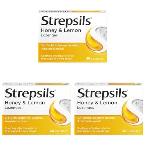 Image of Strepsils Honey & Lemon Lozenges, 36s, Gluten Free, Sore Throat Relief, Soothes Sore Throat, Fights Infection, Works in 5 Mins (Pack of 3)