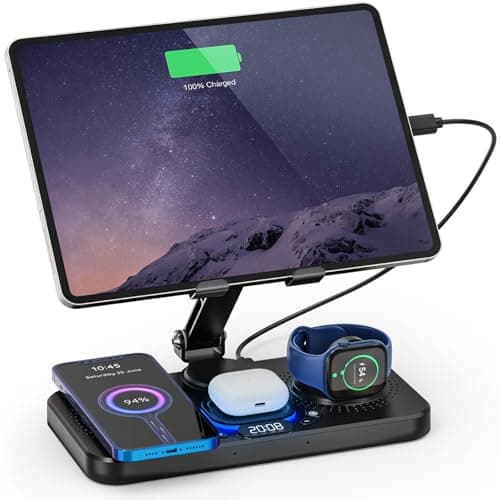 Image of Padwa Lifestyle Tablet Stand with Wireless Charging, Desk iPad Holder – 4-in-1 Charging Station with RGB Lighting & Clock, Adjustable Mount for iPad, iPhone, AirPods