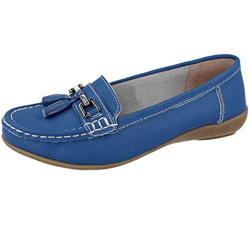 Image of Ladies Real Leather Tassel Slip On Moccasin Flat Nautical Boat Shoes Loafers Size 3-8 (French Blue, 7)