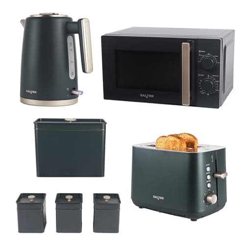 Image of Salter Marino 4-Piece Kitchen Set – 1.7L 3KW Kettle, 925W 2-Slice Toaster, 20L Manual Microwave & Bread Bin/Tea/Coffee/Sugar Countertop Set, Easy Clean, Durable Blue/Grey Design