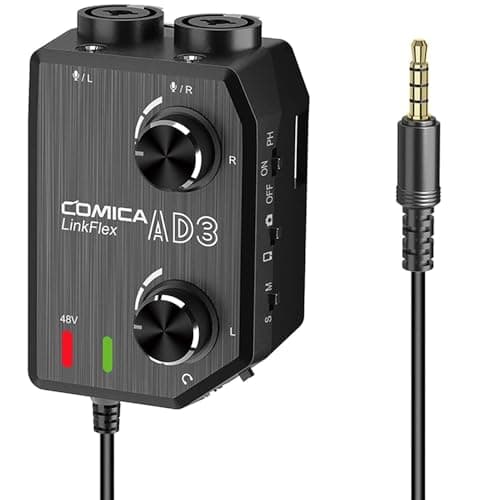 Image of COMICA LINKFLEX.AD3 2-channel XLR/3.5mm Microphone Preamp Mixer with 48V Phantom Power, Real Time Monitor, Guitar Interface Preamp for DSLR Cameras, Camcorders, iPhone,iPad,Mac and Android Smartphones