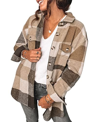 Image of Saslax Womens Oversized Long Sleeve Plaid Flannel Shirts Casual Fall Button Down Shacket Jacket Tops with Pocket, Khaki Small, Khaki