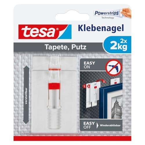 Image of tesa Adjustable Adhesive for Wallpaper and Plaster 2kg - Height Adjustable No Nails Picture Hanger - Pack of 2 Adhesive Nails and 6 Strips