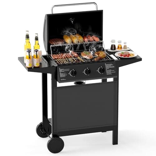 Image of COSTWAY 3-Burner Propane Gas Grill, 24,000 BTU Outdoor Cooking Grill with Wheels, Lid Stainless Steel Grates and Side Tables, Portable Patio Barbecue Trolley