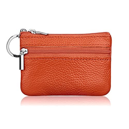 Image of Hibate Mini Leather Coin Purse Holder Pouch for Women Men Kids with Zip Key Ring - Orange