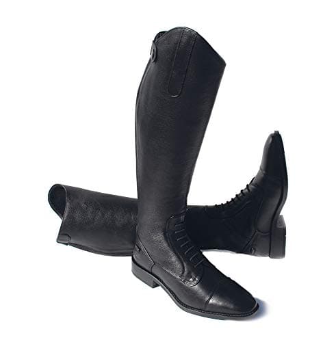 Image of Rhinegold Elite Luxus BLACK LEATHER RIDING BOOTS - Soft Feel Leather, Comfortable Fit, Elasticated Laced Front, Women's Equestrian Boots with Full Length Back Zip, Size 10, EU 44, Calf 0
