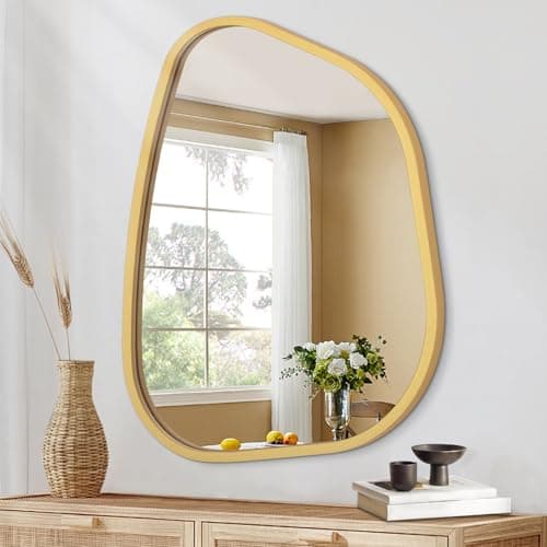 Image of HLFMVWE Asymmetrical Accent Mirror for Wall, Irregular Oval Wood Frame Modern Unique Wall Mirror Decorative Vanity Bathroom Living Room Bedroom Entryway Hallway Artistic Small 35 x 25 CM