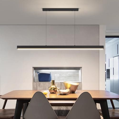 Image of 120CM Modern Linear Pendant Light with Remote Control, 10%-100% Dimmable Light Fixture with 1.5m Adjustable Cords for Dining Room Kitchen Island Living Room Restaurant Office