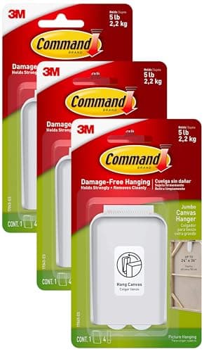 Image of Command Jumbo Canvas Hanger Hook, Pack of 3 Hook and 4 Adhesive Strips, White - Damage Free Hanging - for Canvas Framed Pictures, Prints and Art - Holds up to 2.2kg
