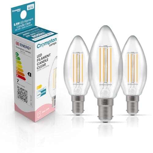 Image of Crompton Lamps Filament Candle LED Light Bulb SBC-B15d | 6.5W = 60W Equivalent | Cool White 4000K | Energy Efficient | Small Bayonet Lightbulb | Long Life 15,000-Hrs | Clear Glass | 3-Pack