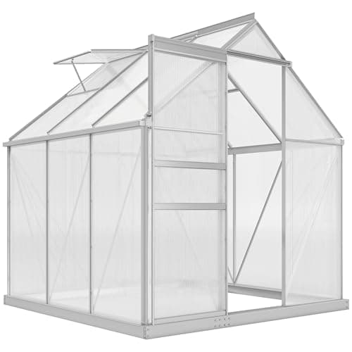 Image of Outsunny 6 x 6ft Polycarbonate Greenhouse, Large Walk-In Greenhouse with Adjustable Roof Vent, Garden Green House with Galvanised Base, Sliding Door and Rain Gutter, Silver Tone
