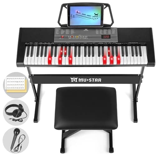 Image of 61 Key Electronic Keyboard Piano with Lighted up Keys,LCD,Headphones,X-Stand,Stool,Music Rest,Microphone,Note Stickers,Built-In Speakers,3 Teaching Modes,Ideal for Beginner Adult (Black with Stool)