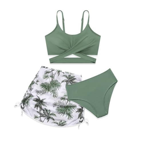 Image of Miyanuby Girls Swimsuits 3Piece Bathing Suit Criss Cross Adjustable Strpas Bikini Set with Beach Cover Up Skirt for 9-16Y