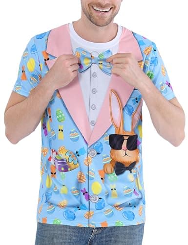 Image of COSAVOROCK Mens Easter Tshirt Rabbit Bunny Costume Tuxedo T Shirts, Blue, XL